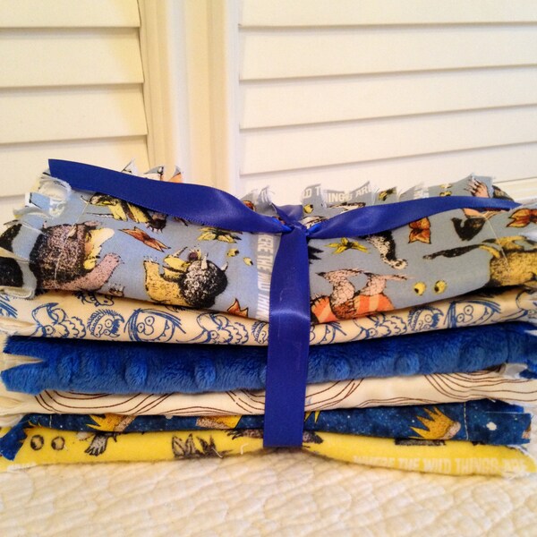 Crib Rag Quilt Style Burp Cloths, Where The Wild Things Are Baby ONE Set of Two Brown Blue Yellow Woodland Baby Shower Gift Basket Minky