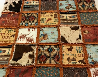 Handmade Cowboy Western Crib Rag Quilt, Rust Blue Horses Longhorns Baby Bedding