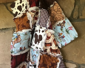 Crib Rag Quilt, Cowboy Western CottageDome Brown Blue Red Horses Pony Skin Lasso Rope Boy Blanket Boots Barn Dandy