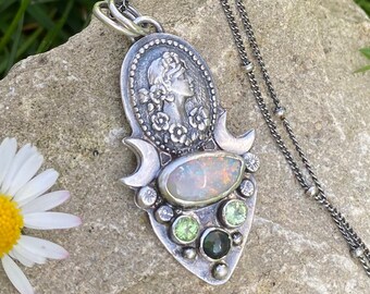 Australian Crystal Opal, green Tourmaline, black Welo Opal, Moon, Sterling Silver Necklace, Pendant