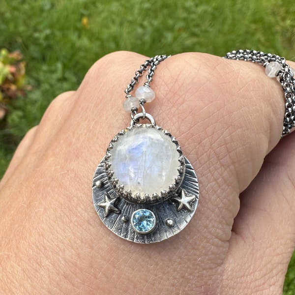 Swiss Blue Topaz, Rainbow Moonstone Necklace, Star, Crescent Moon Necklace, Handmade 925 Sterling Silver Moonstone Pendant,