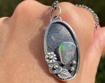 Australian Opal Pendant, Australian Opal Necklace, Australian Crystal Opal, Lightning Ridge Opal Pendant, Handmade, Leaf Necklace Silver