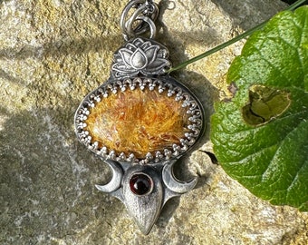Lotus Necklace, Rutilated Quartz Pendant, Hessonite Garnet Necklace, Moon necklace, Sterling Silver Necklace, Pendant