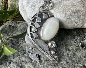 Äthiopische Welo Opal, weiße Topas, Maiglöckchen Anhänger, Blumen, Frühling, Diamant, Mondstein, 925 Sterling Silber Halskette