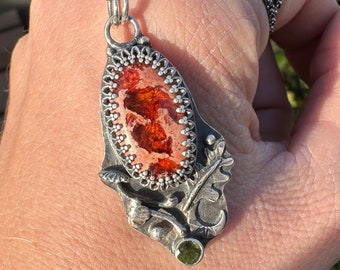 Mexikanischer Feueropal  Anhänger, grüne Turmalin Halskette, Opal, Granat, rot, orange, Wald, Natur, Herbst, 935 Sterling Silber