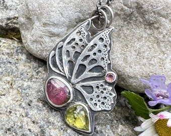 Wassermelonen Turmalin Anhänger, Beerenfarben, Schmetterling Flügel, grüne Turmalin, rosa, Schmetterling Halskette, 925 Sterling Silber