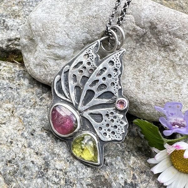 Wassermelonen Turmalin Anhänger, Beerenfarben, Schmetterling Flügel, grüne Turmalin, rosa, Schmetterling Halskette, 925 Sterling Silber