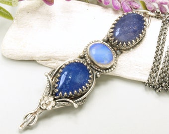 Ethiopian Opal Necklace, Tanzanite Pendant, Iolite Necklace, Flowers Sterling Silver Necklace