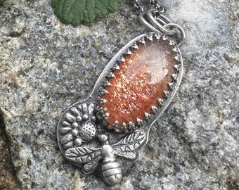 Sunstone Necklace, Bee, Sunflower Sterling Silver Necklace, Summer Necklaces, red, orange