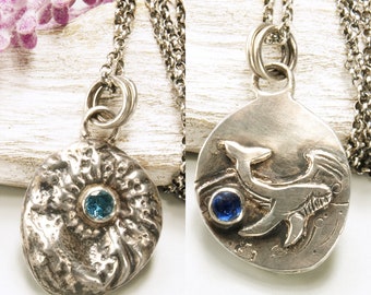 Double Sided Pendant, Surfer Girl, Sea, Ocean, Blue Topaz, Whale, Fossilized Ammonite, Kyanite, 925 Sterling Silver, Waterproof Beach