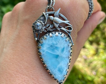 Ocean baue Larimar Anhänger, Aquamarin, Schwalben Kette, Vogel Schmuck, Blumen, 925 Sterling Silber Halskette