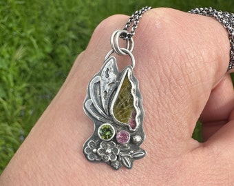 Wassermelonen Turmalin Anhänger, Beerenfarben, Schmetterling Flügel, Topas, Schmetterling Halskette, rosa Turmalin, 925 Sterling Silber