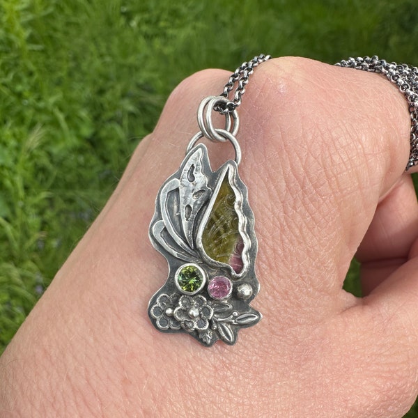 Wassermelonen Turmalin Anhänger, Beerenfarben, Schmetterling Flügel, Topas, Schmetterling Halskette, rosa Turmalin, 925 Sterling Silber