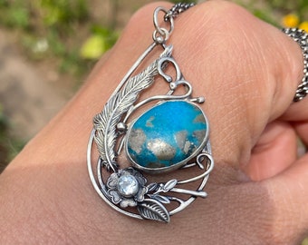 Pyrit Türkis Anhänger, Aquamarin, Arizona Türkis, Feder Anhänger, 925 Sterling Silber Halskette