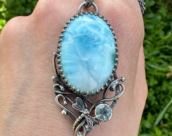 Ocean, Meer, Larimar Anhänger, Aquamarin Anhänger, Libelle Schmuck, Silber Anhänger mit 925 Sterling Silber Kette