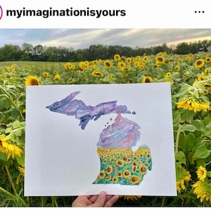 Original Aquarell Malerei Kunst DruckMichigan State Karte Umriss Sonnenblume Bunt Sonnenuntergang Sonnenaufgang Landschaft Herbst Herbst Blumenfeld MI