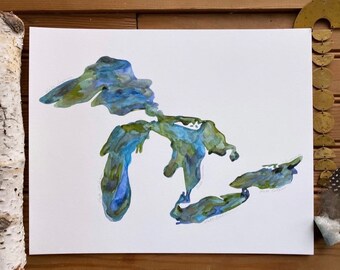 Michigan Art Print Lakes Fluid Watercolor Painting State Love Print Michigan State Map Unique Map Watercolor Print Home Decor Gift