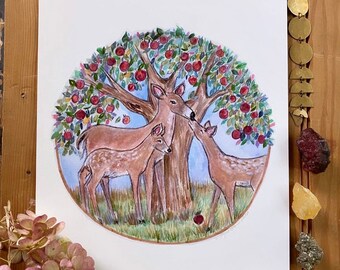 Original Art Painting Print Watercolor Illustration Drawing Deer Fawn Baby Animal Fall Autumn Apple Tree Nature Woodland Storybook Artwork