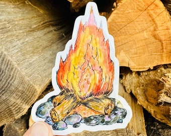 Campfire Camp Fire Camping Woods Logs Rocks Sticker Original Watercolor Painting Art Travel Bumper Sticker