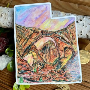 Sticker art Utah State Love Moab Utah carte Sticker unique décoration d'intérieur cadeau Arches National Park Rock randonnée voyage Camping Double Arches