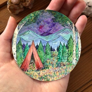 Camping Sticker Decal Watercolor Art Travel Mountains Tent Camping Night Sky Stars Aurora Borealis Northern Lights Round Circle