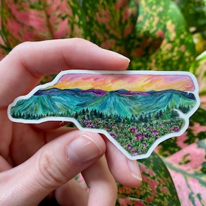 North Carolina Blue Ridge Parkway Mountains National Park Sticker Decal Watercolor Painting Colorful Floral Artwork NC State Outline Gift