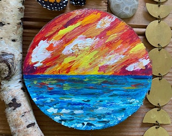 Original Handmade Painting Magnet The Great Lakes Beach Water Waves Cotton Candy Sunset Nature Painting One of a Kind Gift