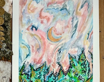 Whimsical Sunset Moon Print | Abstract Watercolor Illustration Art, Gold Embellished