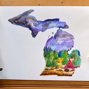Original Aquarell Malerei Gemälde Kunst US Bundesstaat Missouri Karte Umriss Camping Zelten Nachthimmel Landschaft Wald Wald Reise MI Made Geschenk