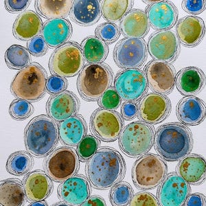 オリジナル水彩抽象画、ピンクパープルドットアート（6x6）ゴールド