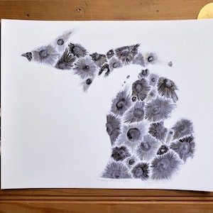 Original Watercolor Painting Illustration Art Michigan State Map Outline Petoskey Stone Rock Hunting Geological The Great Lakes MI Gift