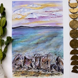Michalic Original Aquarell Malerei Kunst Druck Die Großen Seen Küstenlinie Sonnenuntergang Sonnenaufgang Bunte Strand Mackinaw Island Ozean See Kunstwerk