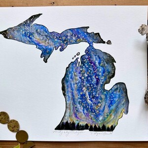 Missouri Karte Umriss Zustand Original Aquarell Malerei Druck Kunst Camping Nachthimmel Milchstraße Sternennacht Wald Baum Landschaft