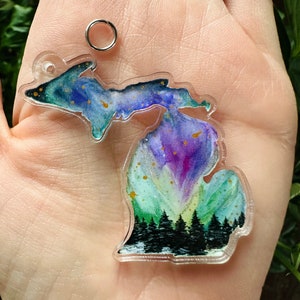 MI Aquarell Illustration Aurora Borealis Nordlichter Landschaft Wald Bunt Kleine Kunst Geschenk