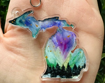 Michigan Keychain Charm - Michigan State - Home State Magnet - Aurora Borealis - MI - Small