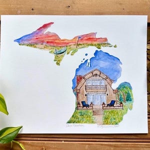 Michigan Map Outline Original Watercolor Painting Print Art Sunset Sunrise The Great Lakes Cabin Travel Vacation Colorful Artwork Gift MI