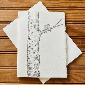 Original acuarela dibujo tarjeta arte pintado a mano uno de un tipo Aspen abedul árbol pájaro pareja amor memoria naturaleza tarjeta de felicitación en blanco
