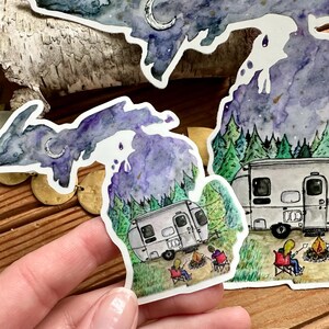 Michigan Camping Waterproof Sticker Decal - Watercolor Camper & Campfire image 3