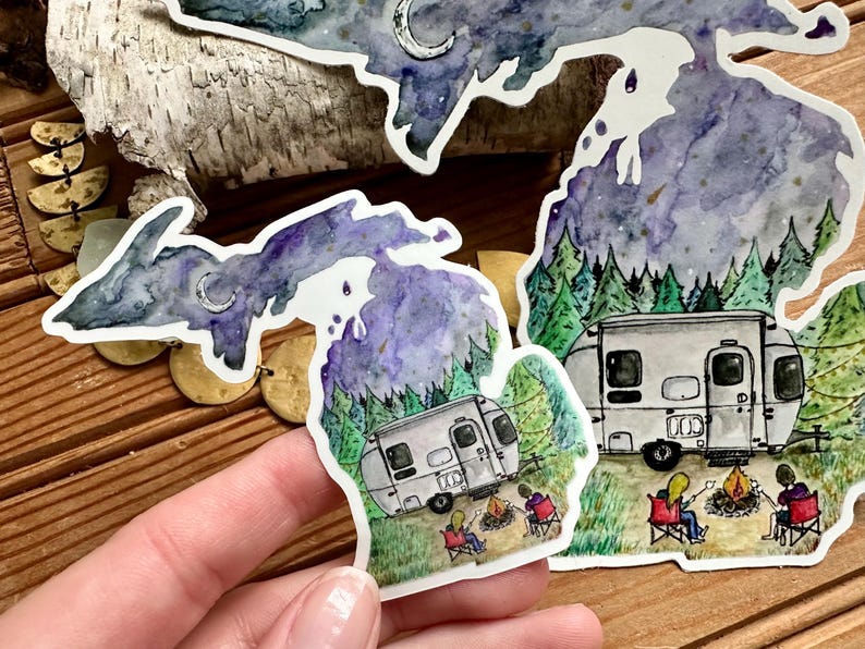 Michigan Camping Waterproof Sticker Decal - Watercolor Camper & Campfire image 3
