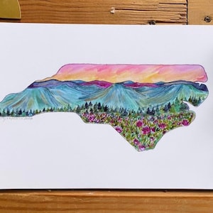 Mapa del estado de Carolina del Norte, pintura en acuarela, impresión artística, Blue Ridge Parkway, montañas, amanecer, atardecer, paisaje floral, parque nacional