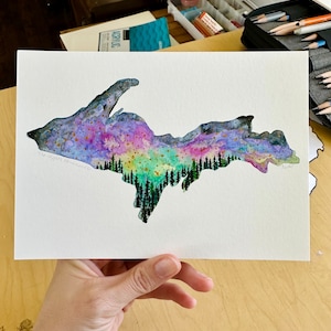 Missouri Karte Umriss Original Aquarell Kunstdruck Aurora Borealis Nordlichter Obere Halbinsel Nachthimmel Landschaft