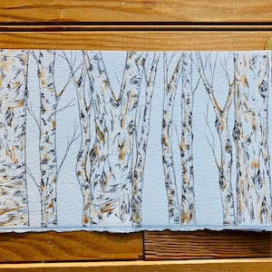 Original Watercolor Illustration Pen Pencil Aspen Birch Pine Tree Forest Woodland Landscape Whimsical Artwork Art Home Decor Minimalistic