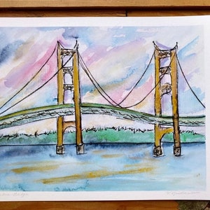 Original Watercolor Art Painting Print Mackinac Mackinaw Bridge Lake Michigan Lake Huron Mighty MAC Sunset Sunrise Colorful Artwork Gift
