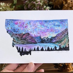 Montana State Map Umriss Aquarell Malerei Druckkunst Nationalparks Bunte Nachthimmel See Berg Baum Landschaft Gletscher Nationalpark
