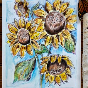 Original Fine Art Watercolor Illustration Whimsical Print Sunflower Floral Flower Fauna Botanical Scientific Nature Artwork Michigan Artist