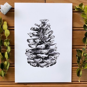 Original Art Print Tree Art Black and White Illustration Abstract Nature Adventure Awaits Wanderlust Gift Pine Cone image 1