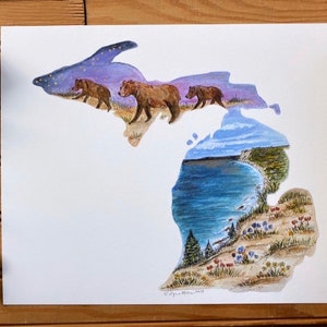 Impressão artística original do mapa de contorno do Parque Nacional Sleeping Bear Dunes, estado de Michigan, ilustração do Lago Michigan em aquarela
