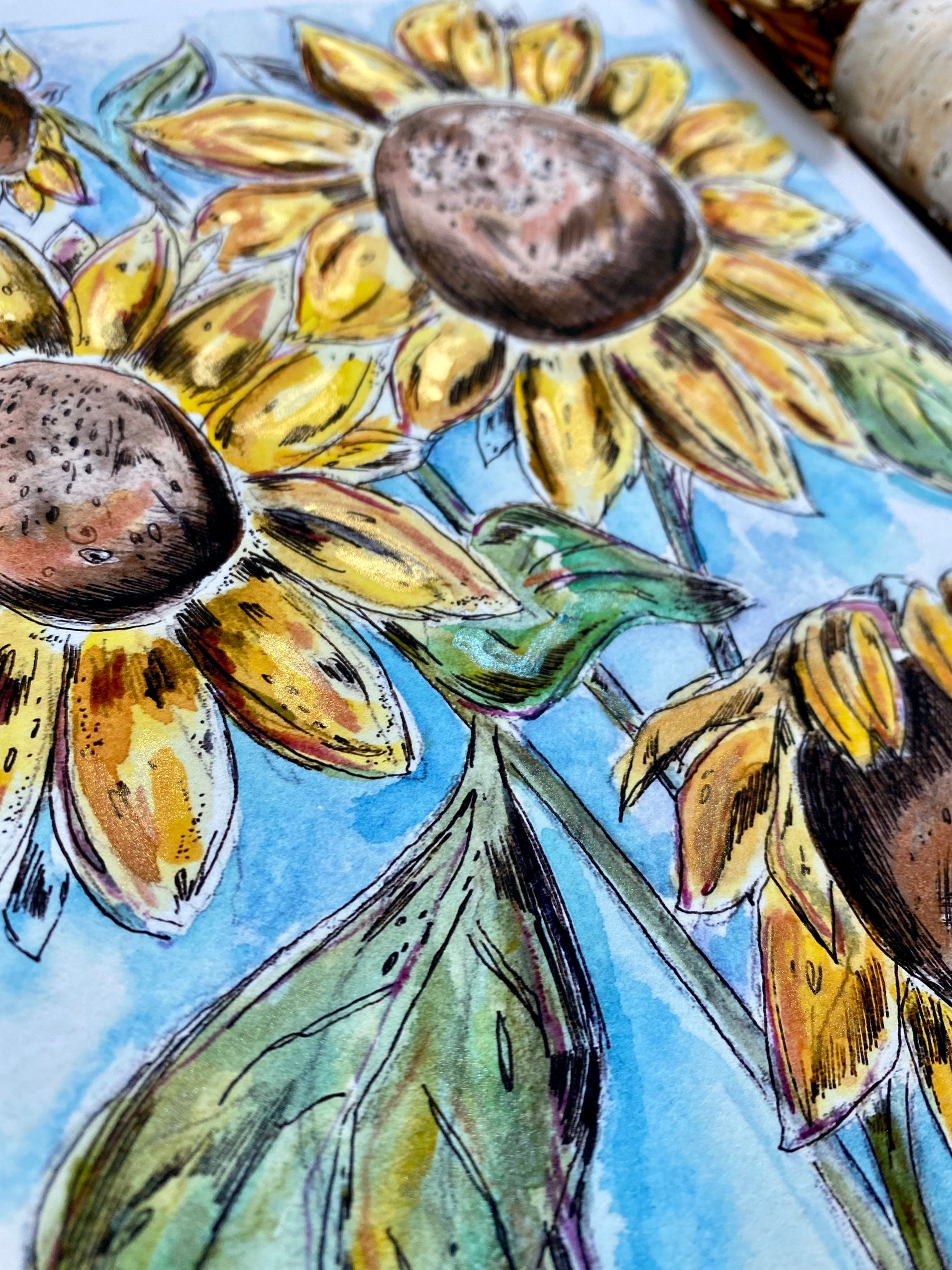 ひまわりの水彩画：金色で装飾された花の植物アート - Etsy 日本