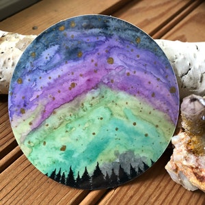 Colorful Aurora Borealis Northern Lights Night Sky Round Sticker Decal Watercolor Painting Art Travel Camping Night Sky Whimsical
