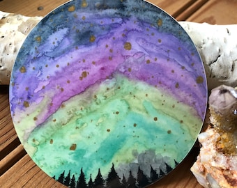Naklejka z zorzą polarną w akwareli: Northern Lights, 3 x 3 cale, wodoodporna